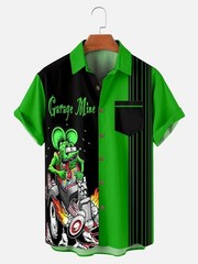 Mens Automotive Stripe Rat Fink Short Sleeve Shirt