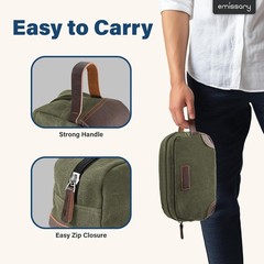 Men’s Leather and Canvas Travel Toiletry Dopp Kit, Shaving Bag (Dark Green)