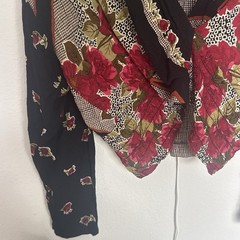 Carole Little Women’s L Black Red Beige Floral Wrap V-Neck Long Sleeve Blouse