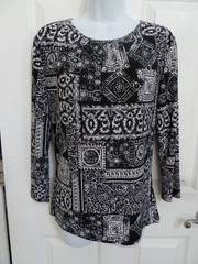 CHAPS Sz Med. Patchwork Career Office Blouse Pullover Black & White
