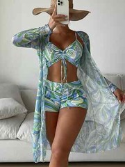 Womens 3 Piece Swimsuit with Mesh Long Sleeve Cover Up Drawstring Bathing Suits