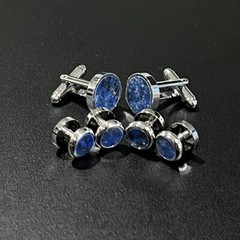 Round Lapis Lazuli Cufflinks And Dress Shirt Studs Set Men Wedding Essentials