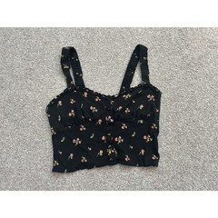 Forever 21 Floral Crop Top Womens Medium Black Excellent Smocked Button Front