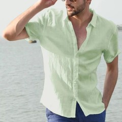 Men’s Summer Cotton Linen Short Sleeve Shirt Casual Solid Button-Down free shipp
