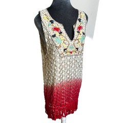 Boho Crochet Lace Tunic Top L Cotton Embroidered Fringe Ombre Floral Hippie Fun