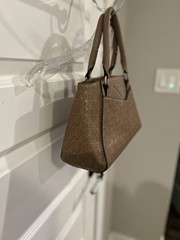 GUESS Brown Logo Satchel Top Handle Bag Double Handles Zip Closure Silver HW