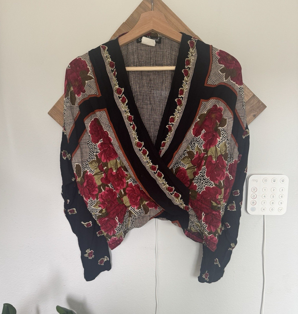 Carole Little Women’s L Black Red Beige Floral Wrap V-Neck Long Sleeve Blouse