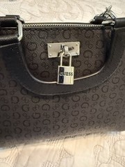 GUESS Black Logo Satchel Top Handle Handbag Padlock Charm Silver Hardware