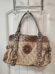 Y2K Guess Monogram Satchel Bag Brown Logo Print Faux Croc Studded McBling Purse