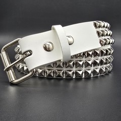White Genuine Leather Pyramid Studded USA Made Three Row Belt Punk Rave Goth