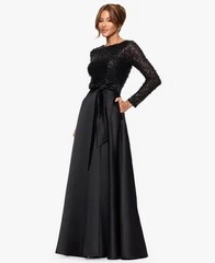 Xscape Black Sequin Satin Skirt Long Sleeve Ballgown Size 14W $279