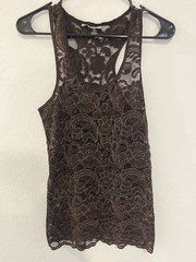 BKE Women’s Brown/Gold Glitter Floral Lace Sheer Stretch Racerback Tank M