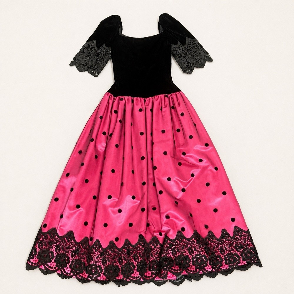 Vtg 80s William Pearson Black Velvet Pink Polka Dot Lace Formal Prom Gown XS/00