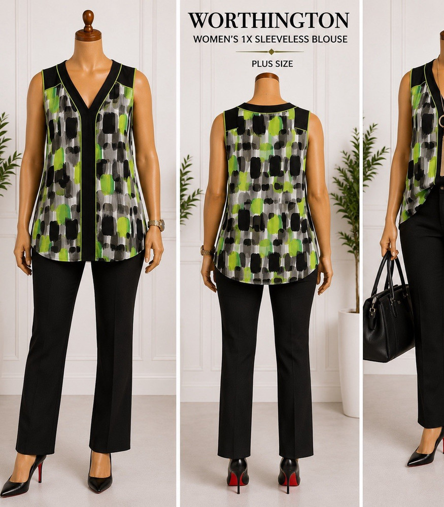 Worthing Womens 1X Sleeveless Blouse Green Black Abstract Print V Neck Career