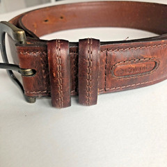 Columbia Brown Leather Belt Heavy Duty Work Mens Sz 42 Double Loops Brass Patina