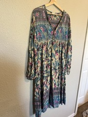 R. Vivimos Floral print Maxi Dress XL Boho Peasant Prairie Cottagecore Blue 18