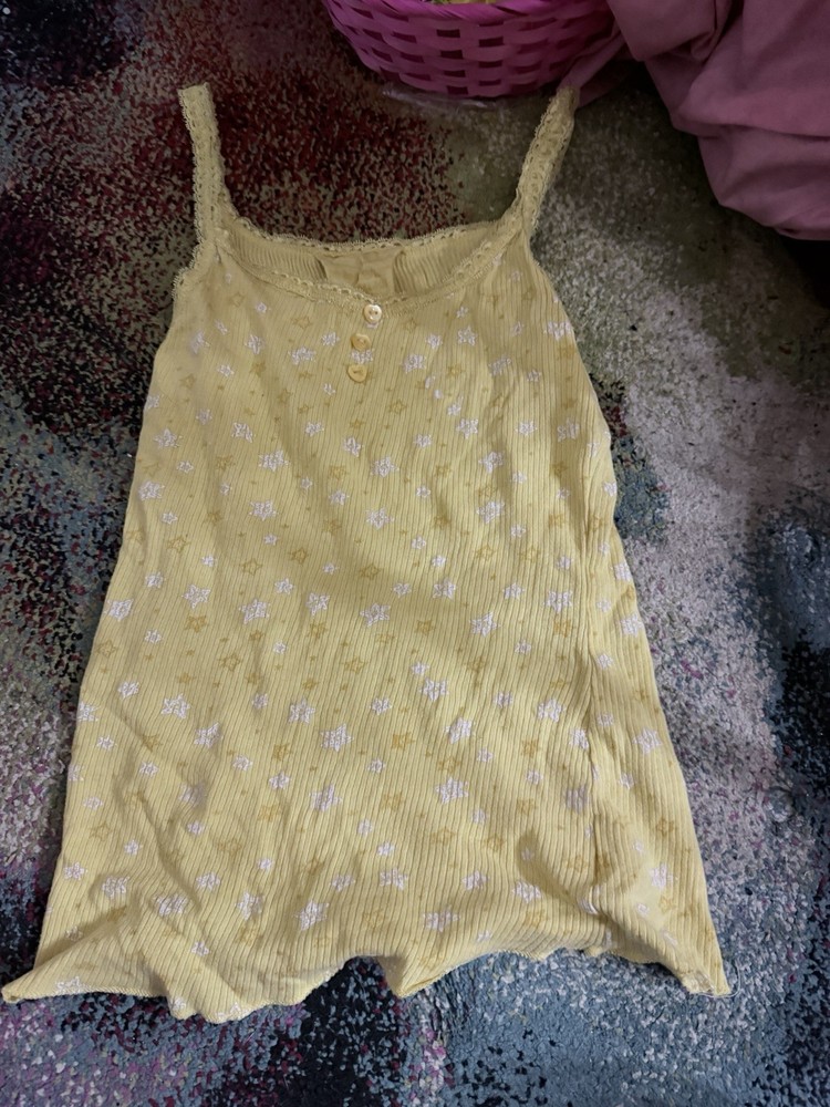 Women’s Yellow/White Ribbed Floral Knit Cami Tank M Spaghetti Strap Buttons
