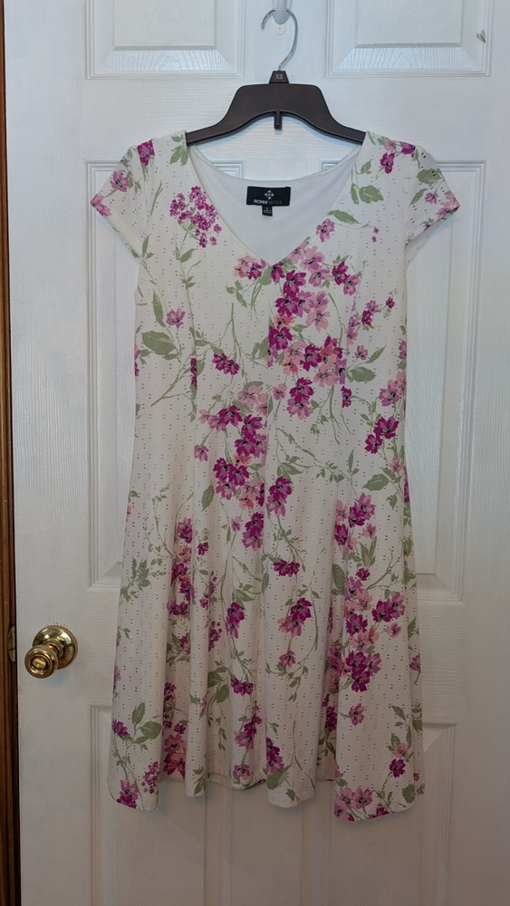 Ronnie Nicole A-Line Panel Dress SS V-neck Lined Pink White Floral Poly Span S