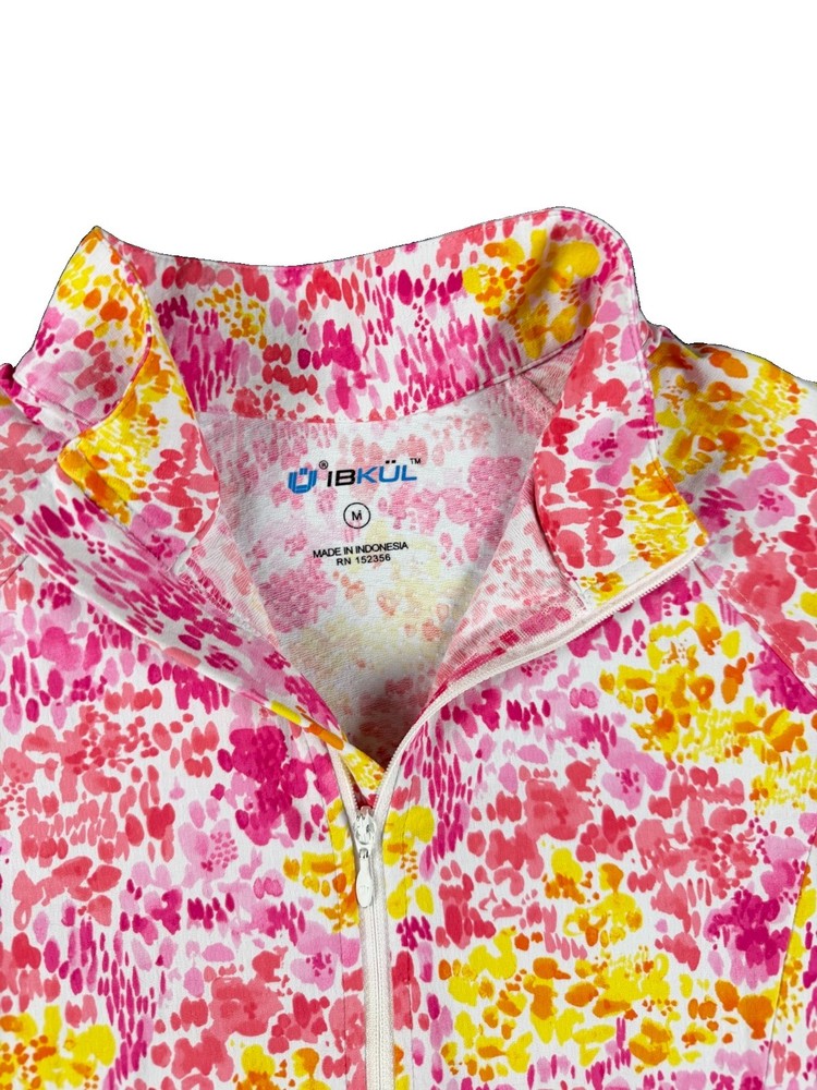 Ibkul Women’s Knit Fabric Jacket Size M Pink Yellow Splash Splatter Athletic