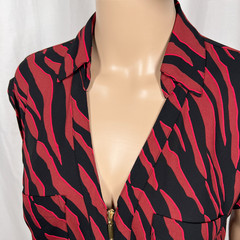 Express Women’s Small Red Black Zebra Collared Zip Front Short Sleeve Blouse Top