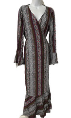 R. Vivimos Wrap Maxi Dress Sz L Purple Floral Long Bell Slvs Boho Ruffle Hem NWT