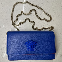 Versace Medusa Blue Crossbody Bag Gold Chain Strap Magnetic Closure Pockets