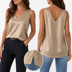Women Silk Satin Tank Top V Neck Sleeveless Summer Blouse Business Casual Top