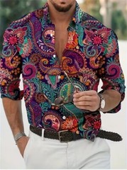 Button Down Shirt Men’s Colorful Paisley Dress Shirt Rose Red Long Sleeve