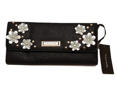 NWT Tahari Magnetic Clutch Purse Black Faux Leather Blue Silver Studded Flowers