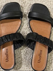Usaflex Women’s Black Leather Slide Sandals Slip-On Ruched Strap Block Heel