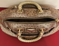 Versace Ostrich Quilted Satchel Top Handle, Braided Handles, Zip, Gold Hardware