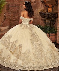 Gold Champagne Off Shoulder Quinceanera Dresses Lace Beaded Ball Gown Prom
