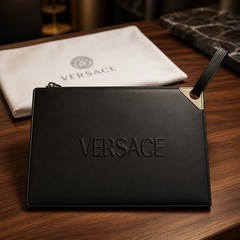 Versace Black Neoprene Zip Pouch Wristlet Purse Bag Clutch Travel Waterproof