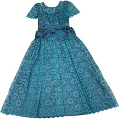 Vitnage 70s Teal Floral Lace Short Sleeve Midi Formal Prom Dress Sz 11/12