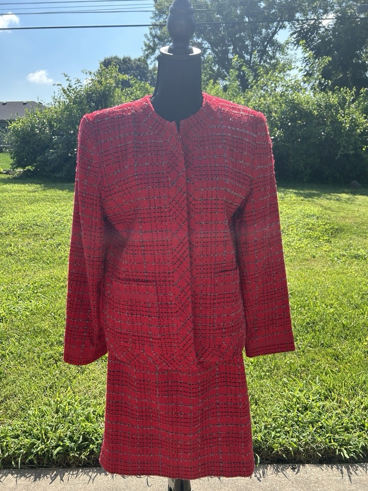 Karen Scott Red Plaid Tweed Blazer & Pencil Skirt Set Size 10/12