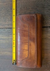 Frye Melissa Continental Snap Trifold Wallet Cognac Brown Distressed Leather