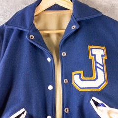 VTG Howe Varsity Letterman Jacket Size 36 Blue Wool Leather Slash Pockets READ