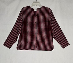 Vintage Jones New York Blouse Top Red Black Womens Petite 12 XL Long Sleeve Poly