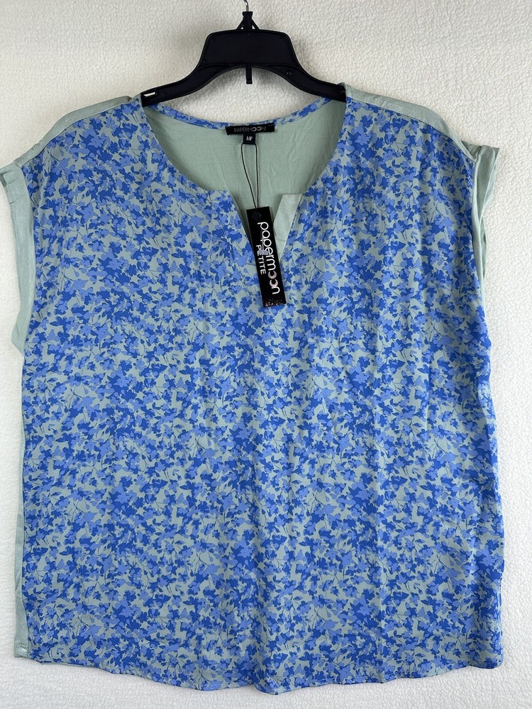 Papermoon Blouse Top Blue & Green Floral Front Solid Back Sleeveless Med Petite
