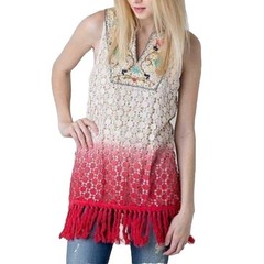 Boho Crochet Lace Tunic Top L Cotton Embroidered Fringe Ombre Floral Hippie Fun