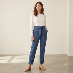 A New Day Blue Plaid Tie Waist Pleated Tapered Dress Pants Stretch Pockets 6