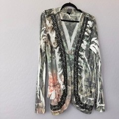 SPY Zone Exchange Large Embellished Ruffled Floral Print Open Front Cardigan Top