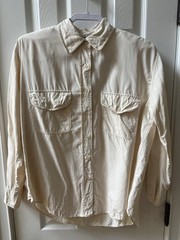 Alexandria Brand M Silk Button Up Collar Blouse Cream Beige Shoulder Pads Vtg