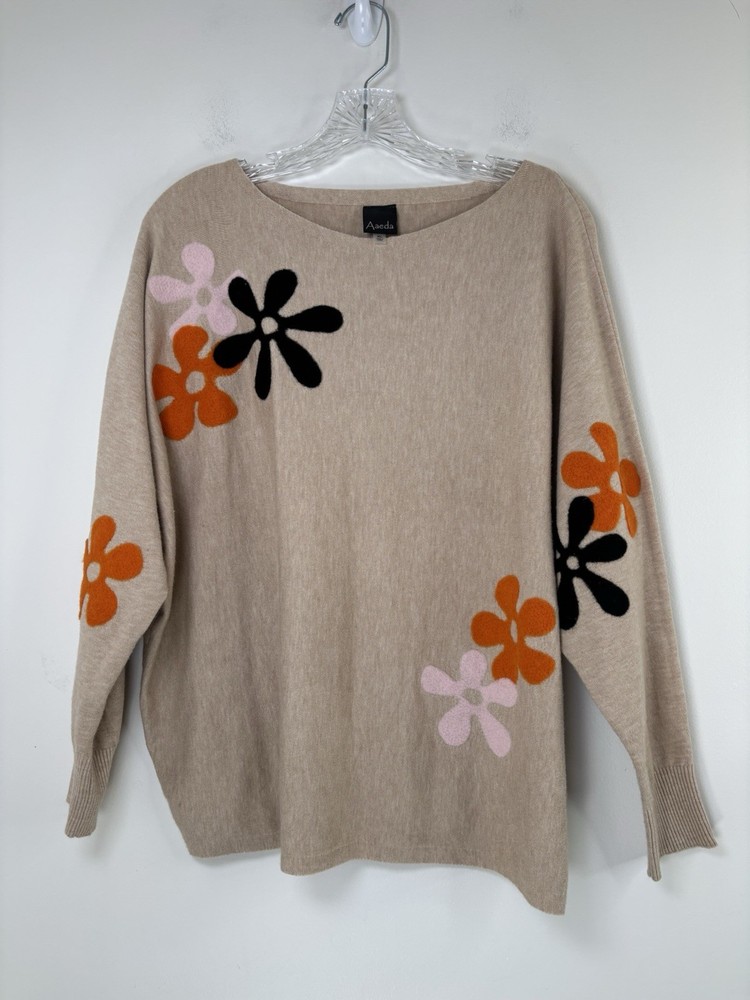 Aaeda Sweater Beige/Orange Brown Size X-Large Flower Pattern Style Long Sleeve