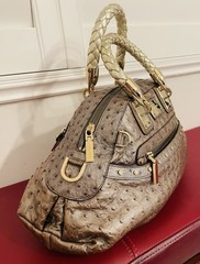 Versace Ostrich Quilted Satchel Top Handle, Braided Handles, Zip, Gold Hardware