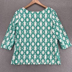Chicos Top Womens 2 US Large Green Geometric Boat Neck Cotton Knit 3/4 Sleeves