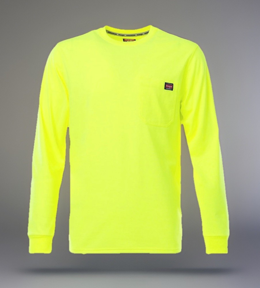 NEW Wrangler Workwear Men’s Hi-Vis Yellow Long Sleeve Pocket T-Shirt Size XL