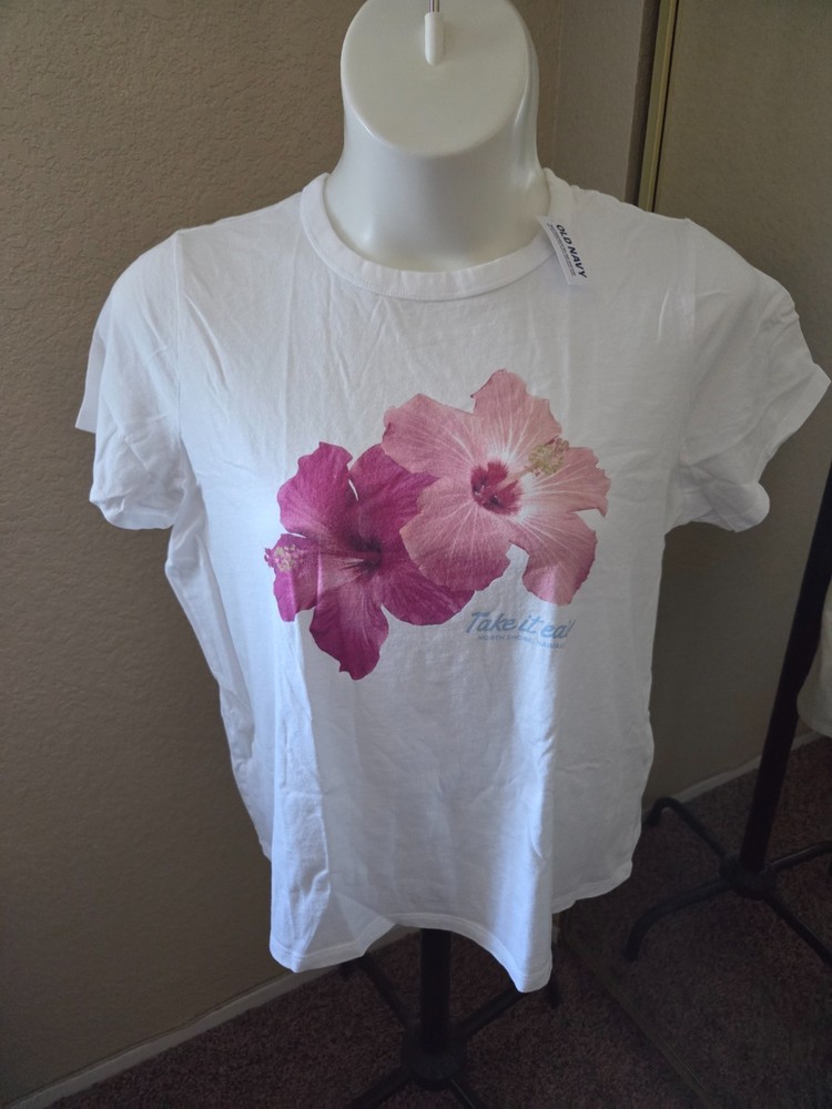 BRAND NEW: Women’s OLD NAVY Size XL White Floral “Take It Easy” 100% Cotton Tee