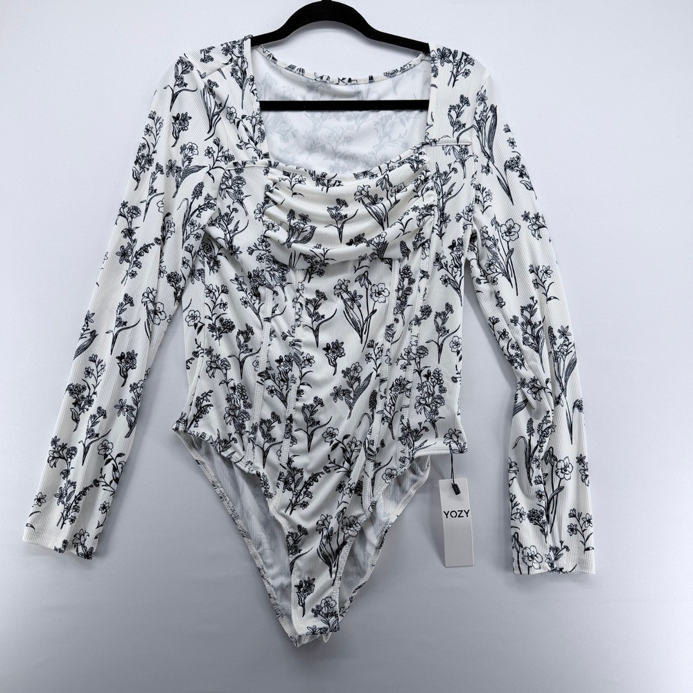 YOZY Floral Ribbed Long Sleeve Bodysuit White Black Ruched Square Neck XL NWT