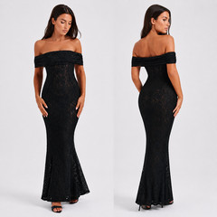 Women’s Off Shoulder Lace Mermaid Maxi Dress Elegant Formal Prom Wedding Guest